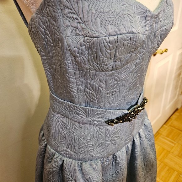 Wonderful MONIQUE LHUILLIER Light Blue Silk Brocade Beaded Formal Dress 4 XS S - Picture 7 of 14